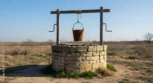 Vintage Rural Water Well with Weathered Bucket in Open Field