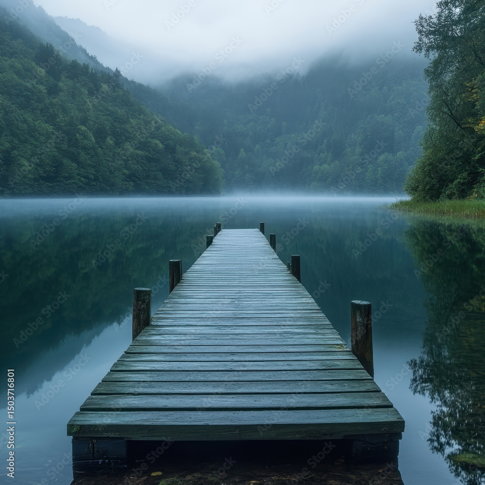 Fototapeta premium Dock on lake with trees in background.