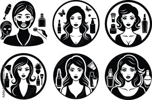 Beauty Icons: A stylish collection of six striking beauty icons, each within a circular frame, showcasing women and cosmetic items. perfect for beauty and skincare branding needs.