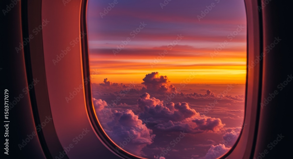 Fototapeta premium Breathtaking sunset view from airplane window, showcasing vibrant colors and fluffy clouds above the world