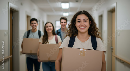 Happy students moving into college dorm