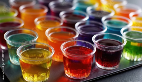 Colorful alcohol jello shots in clear cups