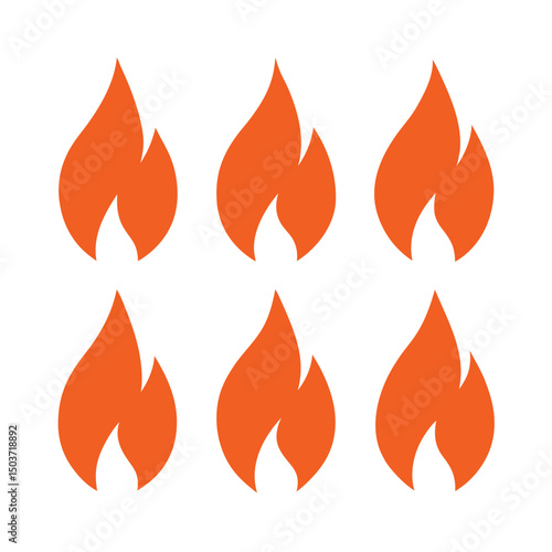Set of Six Orange Fire Flame Icons on a White Background Symbolizing Energy Passion Warmth and Illumination Suitable for Graphic Design and Creative Projects