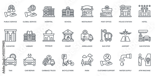Public Service icon set. Containing hospital, school, bus stop, post office, airport, ambulance, police station, court. Outline style