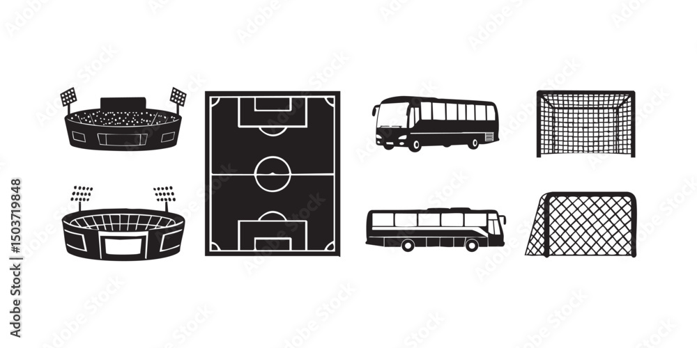 Obraz premium Vector silhouettes of football field layouts, goals, benches, scoreboard, and team bus