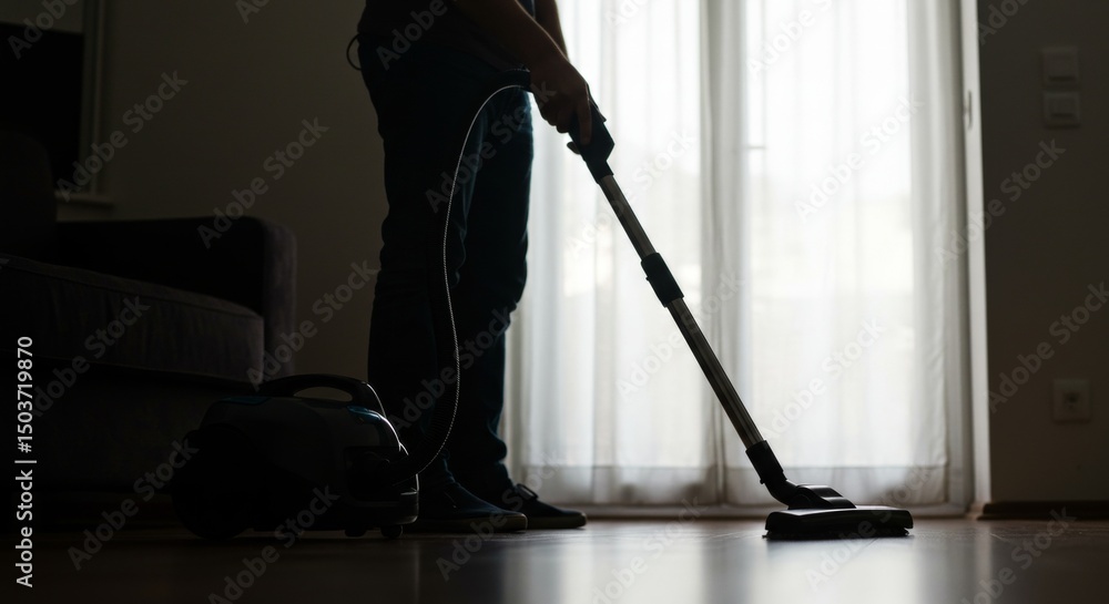 Fototapeta premium Silhouette of person vacuuming a hardwood floor with a vacuum cleaner at home creating a clean and tidy living space