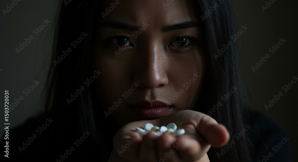 Naklejka premium Troubled woman stares with pills in hand depicting mental health struggles