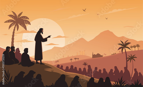 Silhouetted figure preaching at sunset with an audience in a serene landscape.
