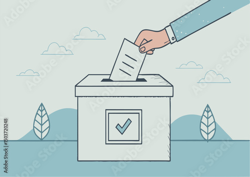 Hand casting a vote into a ballot box with a checkmark symbol.