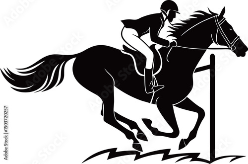 Silhouette of a rider and horse in mid-jump during an equestrian event.