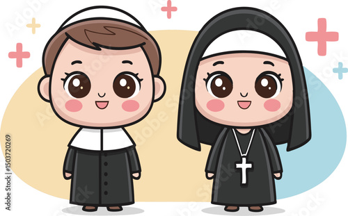 Two adorable cartoon children dressed as a monk and a nun.