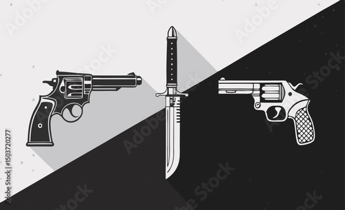 Contrasting weapons in black and white: revolver, knife, and pistol.