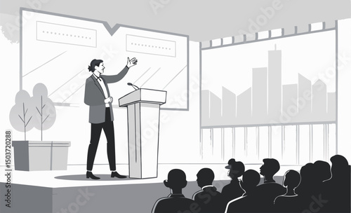 Male presenter engaging audience at a conference with urban background visuals.
