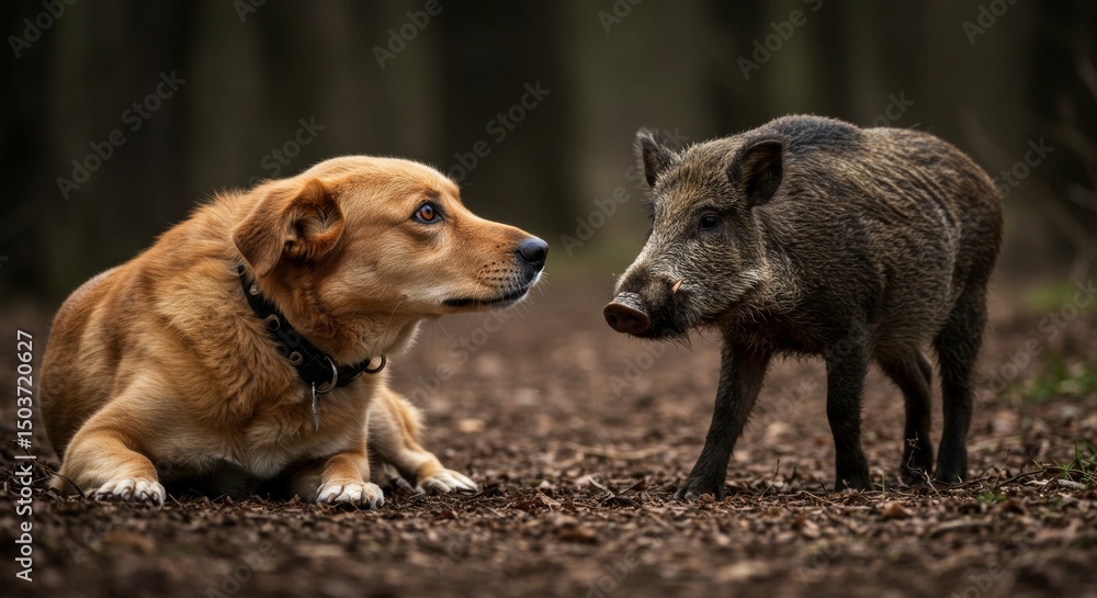 Fototapeta premium A Curious Encounter, A Dog and a Wild Boar Meet in the Forest's Depth