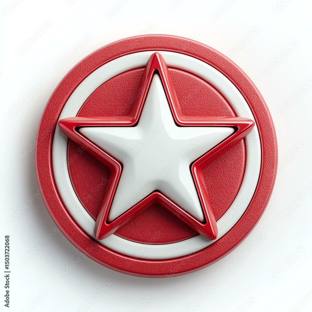 Obraz premium isolated white A stylized badge featuring a prominent red star in a circular design. Ideal for use in graphic design projects, logos, or branding materials.