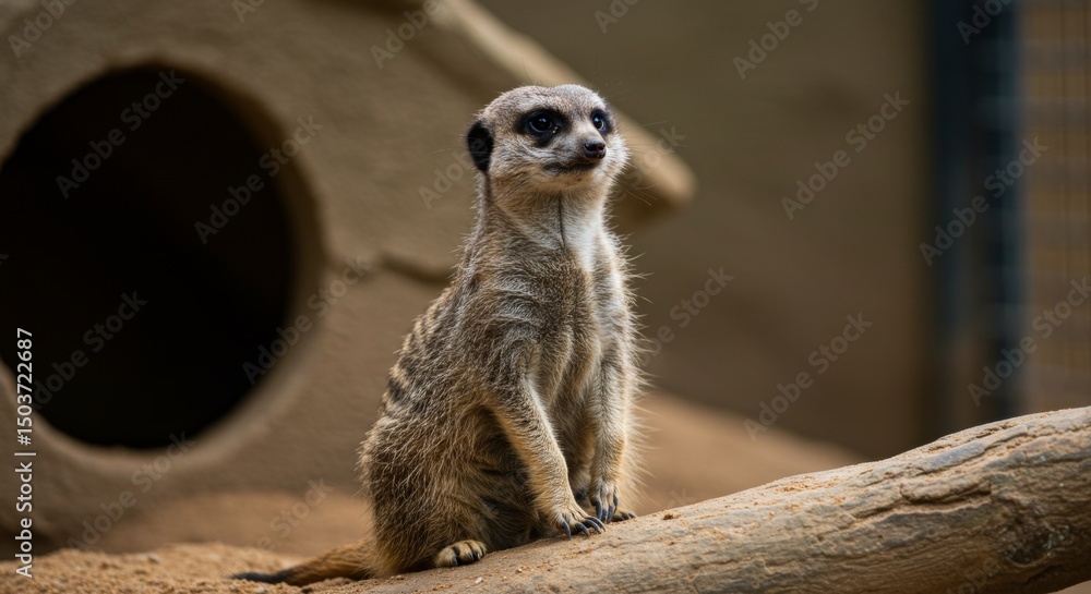 Fototapeta premium Alert meerkat perched on a branch surveying its territory in detail