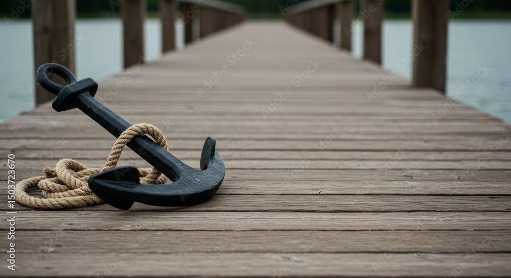 Obraz premium Zwietrzała kotwica z liną spoczywająca na drewnianym pomoście sięgającym spokojnej wody