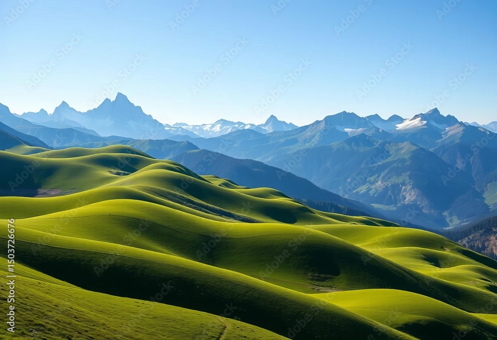 Fototapeta premium Rolling green hills meet majestic mountain peaks under a clear sky, pasture, image