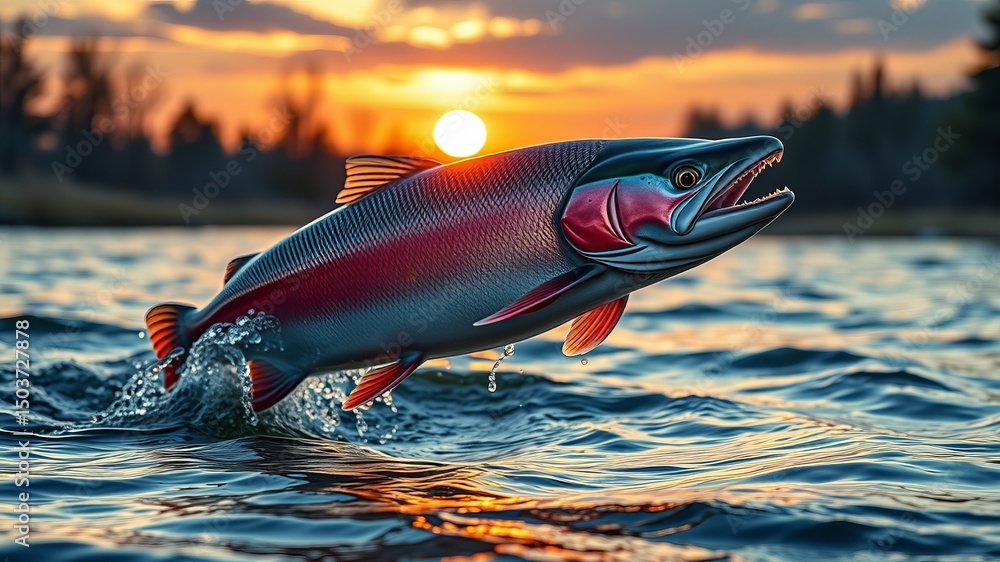 Fototapeta premium A vibrant rainbow trout leaps from the water at sunset creating a stunning and dynamic wildlife scene.