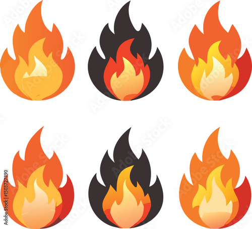 Collection of Six Cartoon Flames with Different Color Variations on an Isolated White Background for Design and Illustration Purposes Vector