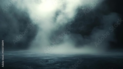 A dense, rolling fog spreading over a dark wet ground, illuminated from above with a cinematic spotlight, ultra-realistic, moody atmosphere, high contrast lighting, film still