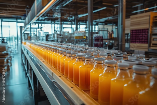 Modern bottling station with rows of juice bottles moving on conveyor, showcasing automated beverage production, clean factory and efficient workflow