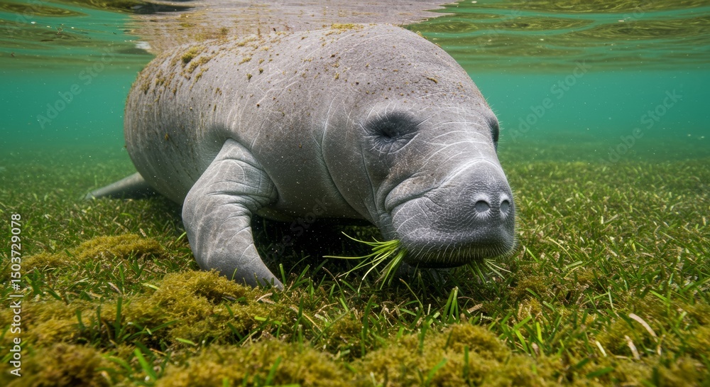 Fototapeta premium Underwater View of a Manatee Grazing on Sea Grass in Crystal Clear Water