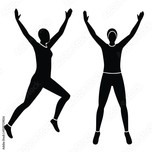 Two silhouettes of women exercising jumping jacks fitness workout