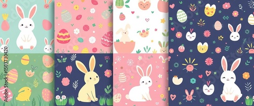 Set of cute seamless Easter patterns featuring eggs, rabbits, and abstract elements Ideal for kids' projects, element, floral