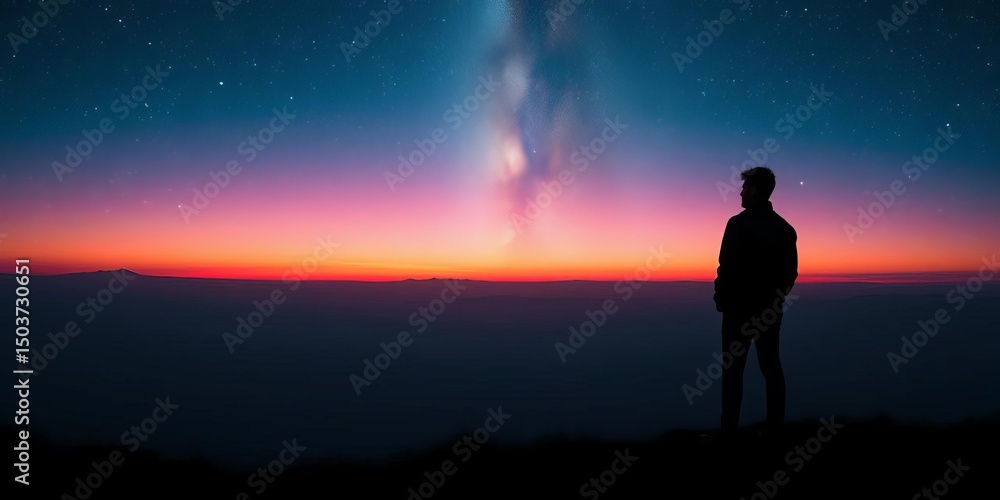 Obraz premium Silhouette against vast, star-studded sky over surreal landscape, nocturnal, celestial