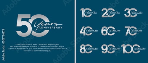 set of anniversary logo flat silver color on blue background for celebration moment