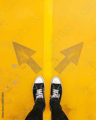 Conceptual visual representation of decision-making on a vibrant yellow surface with directional arrows and shoes facing both ways. Generative AI