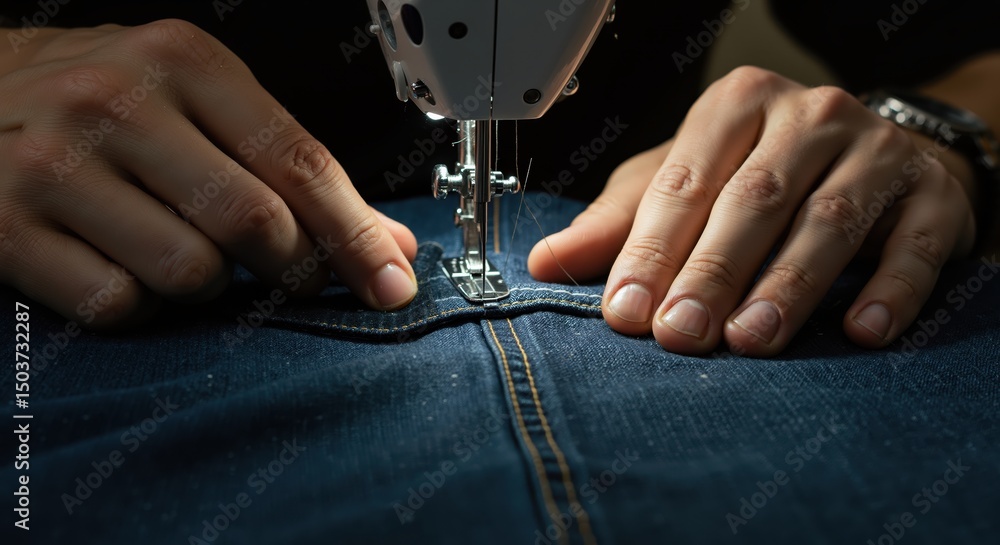 Obraz premium Tailor sewing denim fabric with sewing machine in workshop setting 
