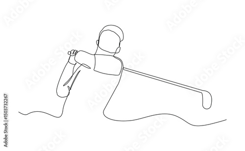 Continuous line drawing of young man playing golf. Single one line art concept of professional golfer athlete holding stick to hit ball. Vector illustration editable stroke sketch