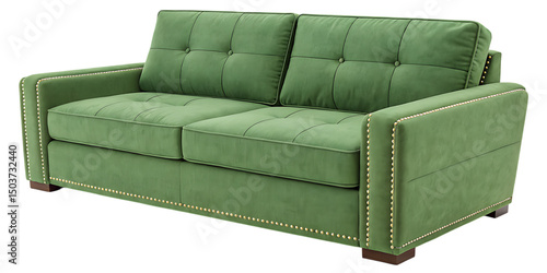 Green velvet loveseat sofa isolated on transparent background