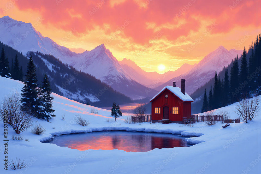 red and white building sitting next to a pond in the snow red and white building sitting next to a pond in the snow