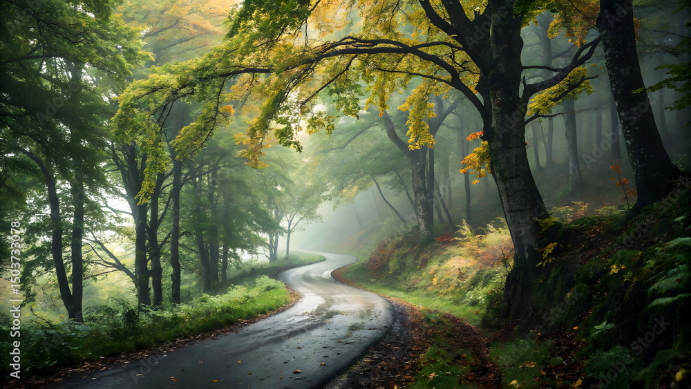Obraz premium Winding road through a misty autumn forest landscape with trees and foliage