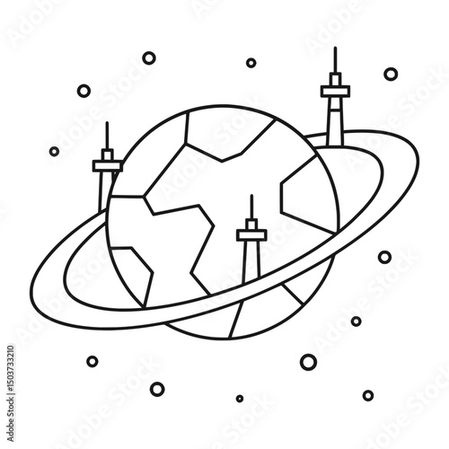 Futuristic planet with geometric continents and satellite towers surrounded by orbit ring. Space exploration concept
