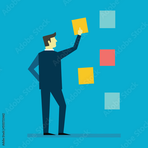 Businessman placing sticky notes on glass wall