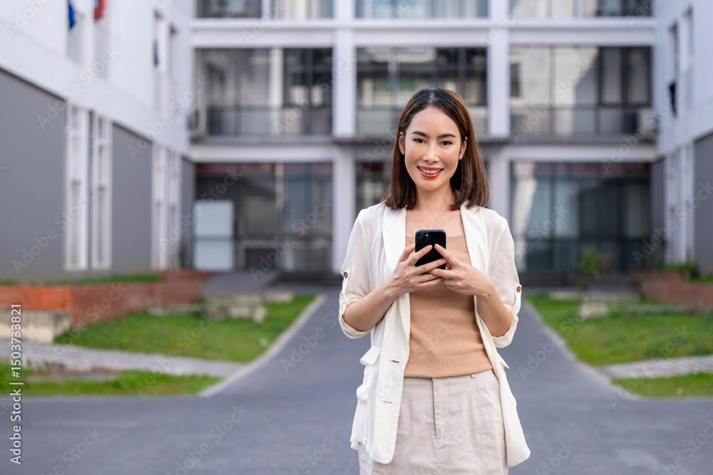 Fototapeta premium A woman is standing in front of a building with a cell phone in her hand