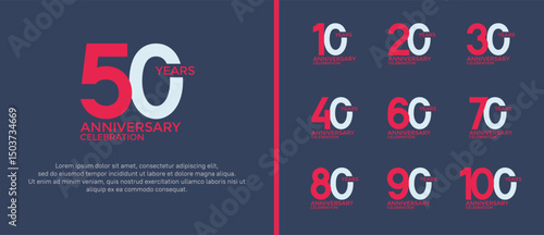 set of anniversary logo flat red and white color on blue background for celebration moment