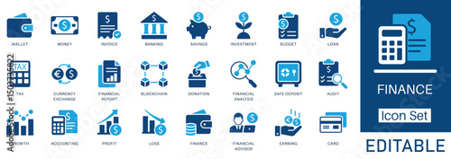 finance icon set. A clean vector collection of icons covering bank, loan, tax, budget, wallet, card, savings, investment, debt, income, and financial management.