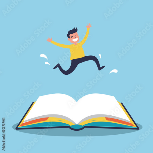 Cute cartoon boy with glasses enjoying a storybook
