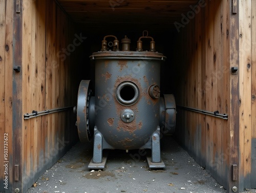 industrial mining equipment decomposing inside wood enclosure