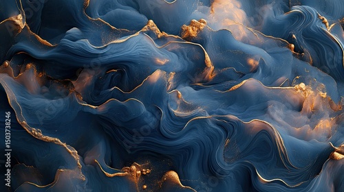 Abstract swirls of navy blue and gold marble