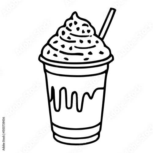 Creamy Delight: A meticulously illustrated close-up showcases a tempting glass of delectable iced coffee, overflowing with whipped cream and a straw, creating a refreshing visual