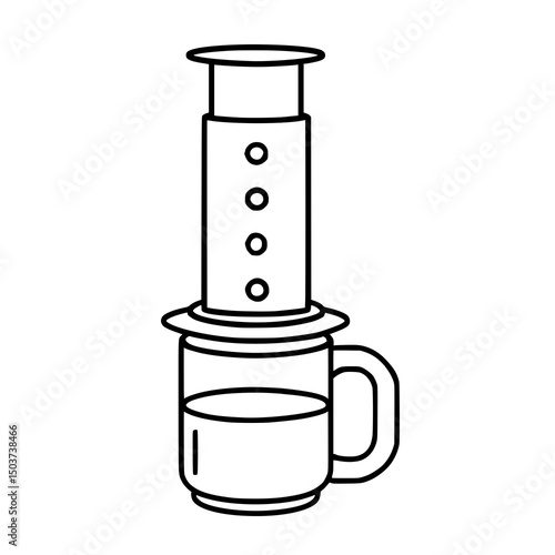 Coffee brewing illustration: a sleek, minimalist illustration of an Aeropress coffee maker perched atop a mug, ready to brew the perfect cup of joe.
