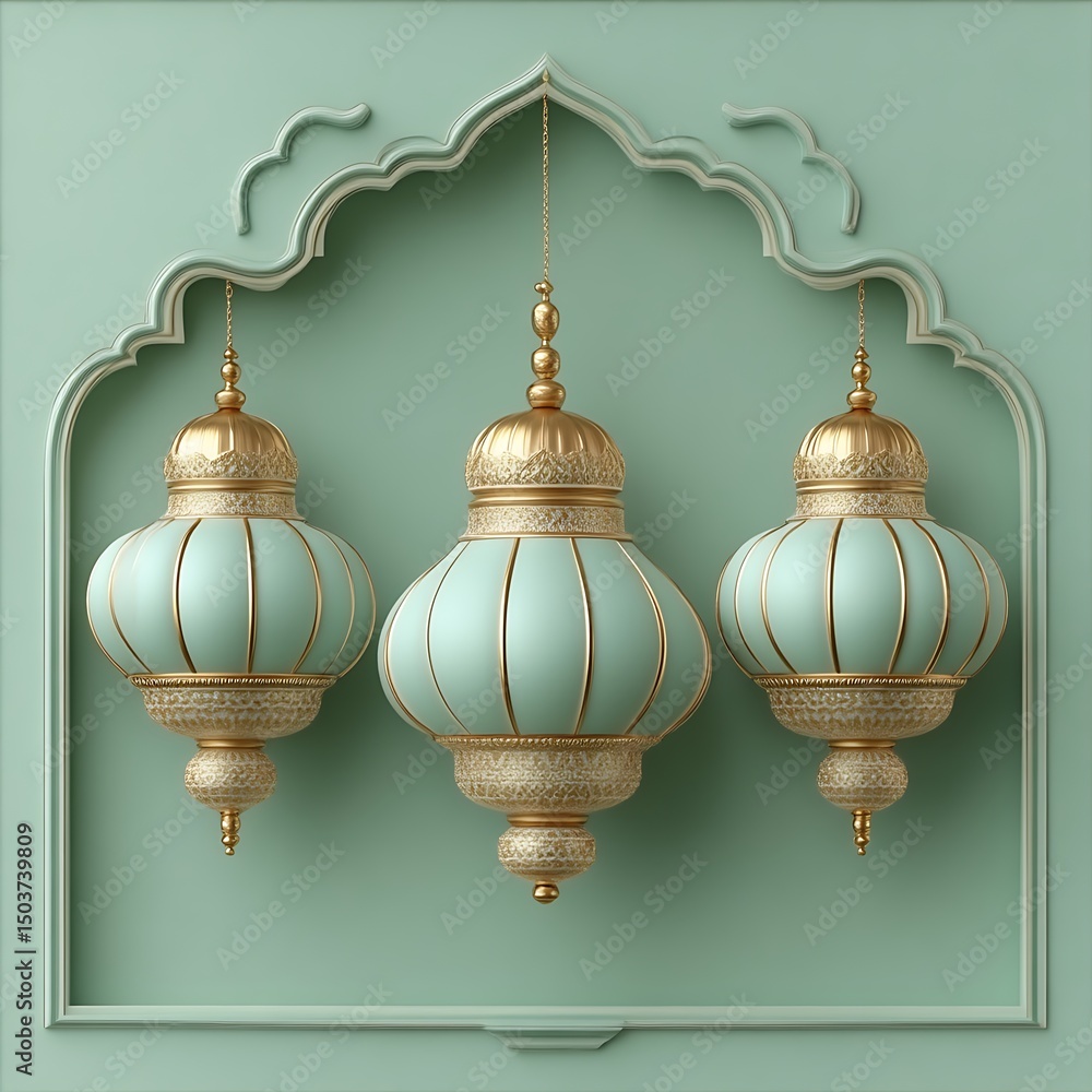 Obraz premium Elegant, mint-green lanterns hang in an arched alcove