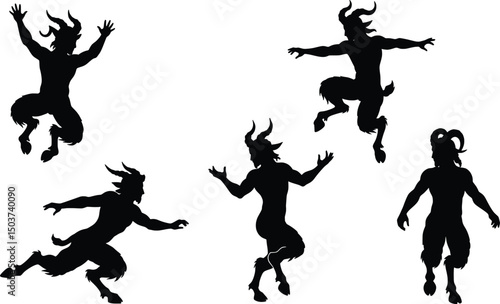 Vector Illustration Dynamic Silhouettes of Leaping Satyrs