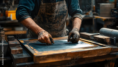 Artisan in workshop, applying ink to printing plate